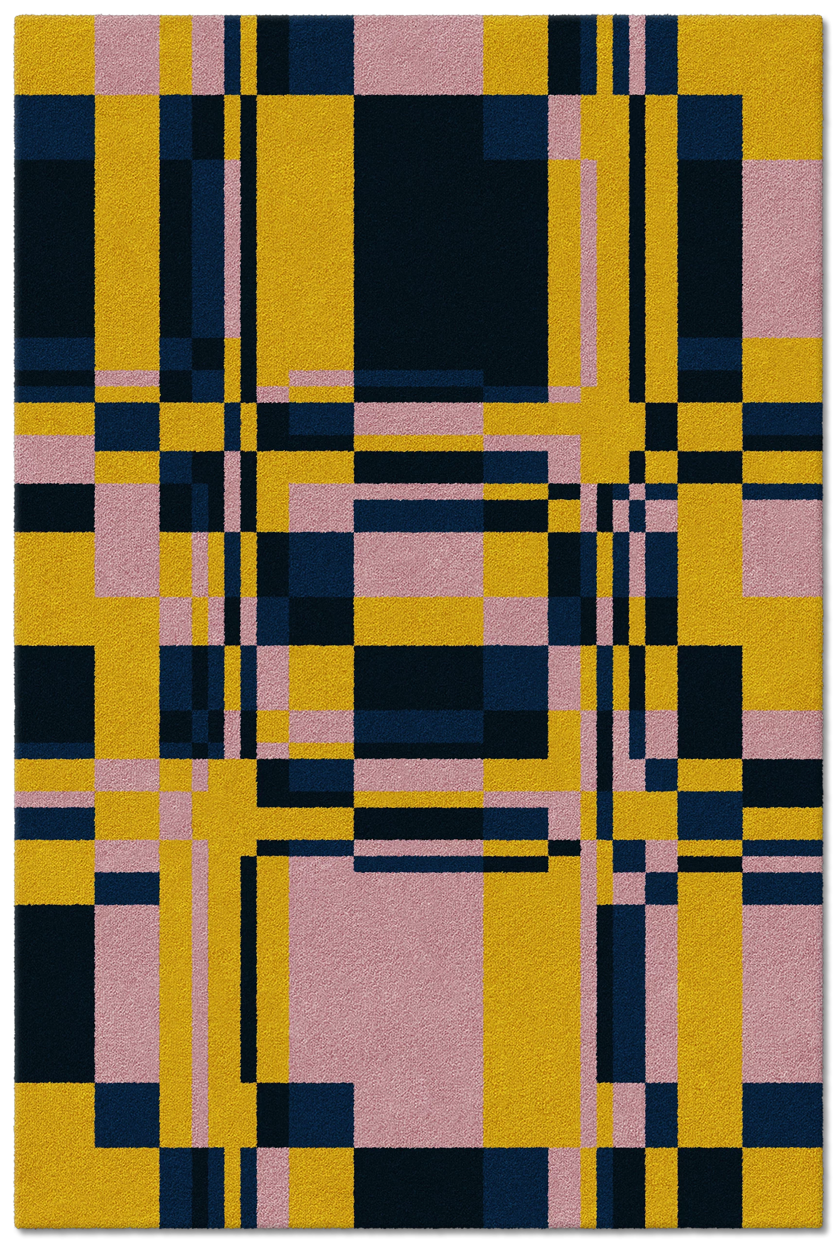 Designer Teppich in rosa gelb blau aus hochwertiger Wolle